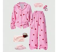 2 pièces Ensemble de pyjama élégant, comprenant un Top rayé rose en forme de cœur et un pantalon, convenant aux filles pour le porter au printemps, à l'automne et en hiver. Fabriqué dans un tissu conf