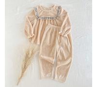 2 pièces Ensemble de pyjama en polaire pour filles, couleur abricot unie avec imprimé floral, garniture à volants, design à boutons en forme de larme dans le dos, haut à manches longues et pantalon dé