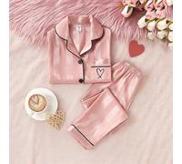 2 pièces Ensemble de pyjama et vêtement de détente à rayures roses avec empiècement brodé en forme de cœur pour jeune fille, pantalon long et haut à manches courtes 6Y,7Y,8Y,4Y,5YGéométrique,Cœur,Lett