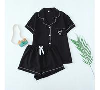 2 pièces Ensemble de pyjama femme composé d'un Top à manches courtes avec col polo, poche et motif cœur, et d'un short avec nœud papillon. Couleur unie d'été avec bordure contrastée. Convient pour le 