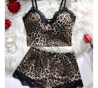 2 pièces Ensemble de pyjama femme imprimé léopard & Hauts licou col V en dentelle & Shorts patchwork en dentelle avec nœud à la taille & Vêtements d'intérieur sexy et confortables L,M,S,XL,XS,XXLNoëlT