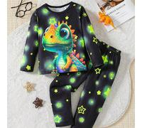 2 pièces Ensemble de pyjama léger à motif de dessin animé pour jeune garçon, avec haut à manches longues et pantalon. Brille sous la lumière UV 6Y,7Y,4Y,5Y,2-3YCartoonTissu tricoté