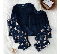 2 pièces Ensemble de pyjama pour filles avec Top à manches longues col rond bleu unicolore et pantalon thermique imprimé ours brun, tenue de détente chaude pour l'automne/l'hiver 8Y,9Y,10Y,11Y,12YAnim