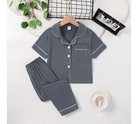 2 pièces Ensemble de pyjama simple et décontracté pour jeune garçon, composé d'un short à manches courtes à col ouvert de couleur unie et confortable 6Y,7Y,8Y,4Y,5YUnicoloreTissu tricoté