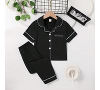 2 pièces Ensemble de pyjama simple pour jeune garçon en couleur unie, confortable, décontracté, à manches courtes et ouvert devant 6Y,7Y,4Y,5YGéométrique,UnicoloreTissu tricoté