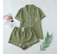 2 pièces Ensemble de pyjama/tenue de détente femme avec Top à col polo à bordure contrastée avec poche et motif cœur, et short à nœud papillon. Couleur unie pour l'été, convient pour un usage domestiq
