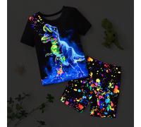 2 pièces Ensemble de pyjamas pour jeunes garçons, ajusté, imprimé dinosaure fluorescent et éclaboussure sur un t-shirt à manches courtes et un short stretch, tissu tricoté confortable, lavable en mach