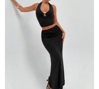 2 pièces Ensemble de robe d'été femme, comprenant un débardeur vintage élégant et sexy avec décolleté profond en V et boucle métallique, ainsi qu'une jupe longue froncée à la taille L,M,S,XSTissu tric