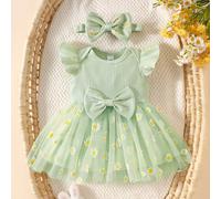 2 pièces Ensemble de robe sans manches pour bébé fille nouveau-né Vert sauge mignon côtelé Décor de marguerite en maille Nœud papillon volant Tenue pour baby shower, séance photo d'été 6-9M,0-1M,1-3M,