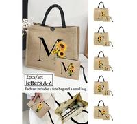 2 pièces Ensemble de sacs fourre-tout en lin, comprenant 1 sac imprimé avec les lettres A-Z et 1 pochette imprimée de fleurs, imprimé tournesol, lettres, motif floral, emballage cadeau personnalisé, s
