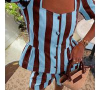 2 pièces Ensemble de shorts à manches courtes, col carré, taille A-line, style minimaliste rayé urbain chic. Convient pour le Nouvel An, la Saint-Valentin, les dames élégantes, la plage, Thanksgiving,