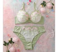 2 pièces Ensemble de sous-vêtements vert menthe pour la saison des mariages, avec armature, bonnets moulés, maintien élevé, effet push-up et décolleté, balconnet confortable, motif floral brodé, style