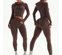 2 pièces Ensemble de sport pour femmes avec sweat-shirt à capuche zippé sans couture à imprimé léopard avec trou pour le pouce et manches longues, et leggings 7/8 pour la course, le fitness, le yoga L