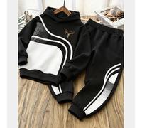 2 pièces Ensemble de sweat-shirt à capuche et pantalon de jogging minimaliste confortable pour garçon préadolescent, tenue d'automne avec design de couleur contrastée et motif de cornes de cerf, convi