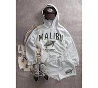 2 pièces Ensemble de Sweat-shirt à capuche et short avec motif tortue de mer "MALIBU CATCH WAVE", Sweat-shirt à capuche gris et short, ensemble décontracté ample pour l'automne L,M,S,XLAnimal,Lettres,