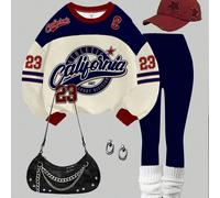 2 pièces Ensemble de Sweat-shirt-shirt à col ras du cou à manches longues et de leggings inspirés du style sportif collégial, avec lettres et chiffres graphiques rétro, décontracté, pour jeune fille.