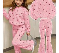 2 pièces Ensemble de sweat-shirts vintage doux à imprimé mini cerise, coupe ample, col rond, manches longues, convient pour l'automne/l'hiver 6Y,7Y,4Y,5YFruits & légumesTissu tricoté