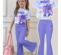 2 pièces Ensemble de t-shirt à manches courtes col rond ample et pantalon évasé pour fille préado, motifs mignon lapin bleu Lulu, motif point de croix et tie-dye violet océan frais. Tenues d'été pour 