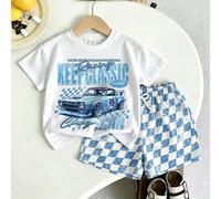 2 pièces Ensemble de T-shirt pour jeunes garçons, T-shirt à manches courtes col rond avec imprimé lettre voiture de course fraîcheur glaçon d'été, assorti à un short imprimé à carreaux à taille élasti