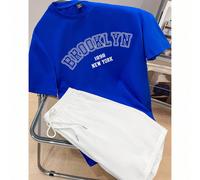2 pièces Ensemble de t-shirts décontractés pour hommes avec imprimé lettres et couleurs contrastées, tenue d'été pour hommes en deux pièces, bleu et blanc, Brooklyn New York, ensemble en deux pièces 1