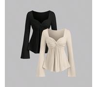 2 pièces Ensemble de T-shirts élégants romantiques amincissants confortables à manches longues polyvalents pour femmes, noir et beige, pour rendez-vous et tous les jours, automne L,M,S,XL,XSUnicoloreT