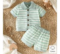 2 pièces Ensemble de tenue à manches courtes pour nouveau-né Comprend un chemise à col rayé vert et blanc en coton + short à cordon, doux et confortable, convient pour le printemps/automne, les vacanc