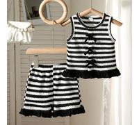 2 pièces Ensemble de tenue assortie pour bébé fille, rayures noires et blanches, été, mignon, chic, débardeur en tricot crochet avec nœud & short à ourlet volant, ensemble deux pièces 6-9M,9-12M,12-18