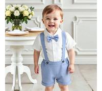 2 pièces Ensemble de tenue de garçon bébé de style gentleman formel, comprenant une chemise à manches courtes blanche avec col et nœud papillon, et un short décontracté à taille élastique avec bretell