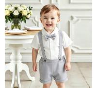2 pièces Ensemble de tenue de garçon bébé style gentleman formel, comprenant une chemise à manches courtes blanche avec col et nœud papillon, et un short à bretelles décontracté à taille élastique. Él