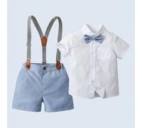 2 pièces Ensemble de tenue de gentleman pour bébé garçon : chemise blanche à manches courtes avec col et nœud papillon, short à bretelles blance pour les fêtes d'anniversaire, les mariages et le port 