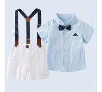 2 pièces Ensemble de tenue de jeune garçon de type gentleman : chemise à manches courtes avec nœud papillon et short avec bretelles, mode et style pour anniversaire, rentrée des classes, 1er anniversa