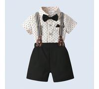 2 pièces Ensemble de tenue de jeune garçon gentleman : chemise à manches courtes avec col et nœud papillon, short kaki avec bretelles. Élégant et à la mode, convient pour un anniversaire, un mariage,
