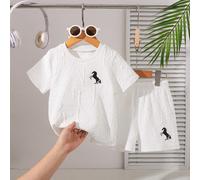 2 pièces Ensemble de tenue décontractée d'été pour garçons tout-petits : T-shirt à manches courtes imprimé de chevaux de dessin animé mignon et de lettres anglaises, assorti à un short 6Y,7Y,8Y,4Y,5YA