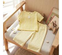 2 pièces Ensemble de tenue pour bébé fille style français, Top en tricot soufflé jaune clair avec fleur 3D mignonne à manches courtes et pantalon à carreaux, convient pour les sorties, les fêtes et le
