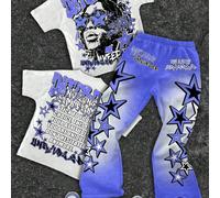 2 pièces Ensemble de tenues décontractées pour garçons préadolescents, comprenant un t-shirt avec col et un pantalon évasé, convenant pour l'été 8Y,9Y,10Y,11Y,12YPortrait,Géométrique,LettresÉtoffe