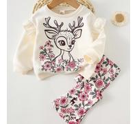 2 pièces Ensemble de Top à manches longues avec volants col rond et pantalon évasé taille élastique, motif animal de cerf floral pour bébé fille. Convient pour l'automne/l'hiver, le Nouvel An, l'intér