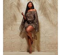 2 pièces Ensemble de Top asymétrique en mousseline de soie transparente à imprimé léopard et short assorti pour femmes grandes tailles, convient pour le port quotidien, les festivals de musique, Coach
