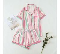 2 pièces Ensemble de vêtements de nuit pour femmes, Top à manches courtes avec col boutonné adorable et doux ainsi que short, pyjama d'été casual, ensemble deux pièces L,M,S,XLTissu tissé
