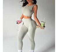 2 pièces Ensemble de yoga sans couture à haute élasticité et côtelé, comprenant un débardeur et un legging avec pli fessier. Ensemble d'entraînement pour femmes. L,M,S,XL,XSUnicoloreÉtoffe