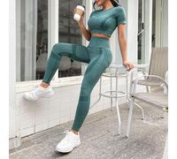 2 pièces Ensemble de yoga sans couture à haute élasticité Tenue de sport Top côtelé Fesses froncées Leggings à large taille Ensemble entraînement pour femmes L,M,SUnicoloreÉtoffe