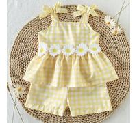2 pièces Ensemble débardeur à nœud rayé + short pour bébé fille/tout-petit 0-3 ans, décontracté, mignon, pour vacances, printemps/été 6-9M,9-12M,12-18M,18-24M,2-3Y,3-6MCarreauPolyester