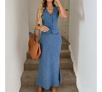2 pièces Ensemble débardeur bleu décontracté et jupe longue pour femmes, convient pour la sortie décontractée quotidienne, les trajets et le style rétro "Old Money" L,M,S,XLUnicoloreTissu tissé