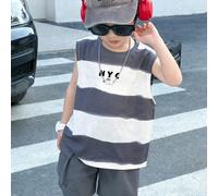 2 pièces Ensemble débardeur et short cargo pour garçons enfants/pré-adolescents, style coréen décontracté, confortable et à la mode minimaliste avec imprimés rayures et graphiques. Convient pour l'éco