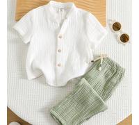 2 pièces Ensemble décontracté d'été blanc mignon pour bébé garçon, comprenant une chemise blanche à col et un pantalon à taille élastique ample. Convient pour un anniversaire, une fête, une soirée, un