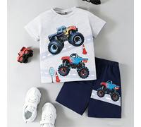 2 pièces Ensemble décontracté d'été pour garçons, t-shirt à manches courtes polyvalent imprimé camion monstre et shorts, confortable pour le port quotidien et extérieur des garçons 6Y,7Y,4Y,5YBlocs de