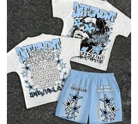 2 pièces Ensemble décontracté d'été pour pré-adolescent, composé d'un t-shirt à col ras-du-cou à manches courtes imprimé d'un portrait vintage gravé, d'une étoile et d'un slogan, et de shorts 8Y,9Y,10
