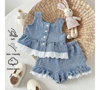2 pièces Ensemble décontracté en jean pour bébé et fillette avec bordure en dentelle, débardeur et short à taille élastique, en tissu de jean doux en coton, convient pour l'été, les vacances, le port 