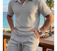 2 pièces Ensemble décontracté gris texturé pour hommes, T-shirt pour hommes, Short pour hommes, Tissu jacquard texturé à grille de diamants gris, Col polo manches courtes + Short à taille élastique av