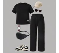 2 pièces Ensemble décontracté minimaliste pour adolescents garçons. Le Top présente des épaules oversize et des poignets amples, avec un détail d'étiquette tissée subtil pour un look premium discret. 