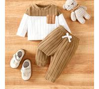 2 pièces Ensemble décontracté pour bébé nouveau-né - T-shirt à col ras-du-cou tricoté rayé à manches longues avec poches et pantalon à taille élastique, convient pour le printemps, l'automne et l'hive
